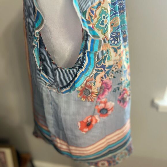 Johnny Was Ophelia Silk Striped Printed Flowy Oversized Blue Blouse Size S - Picture 7 of 14